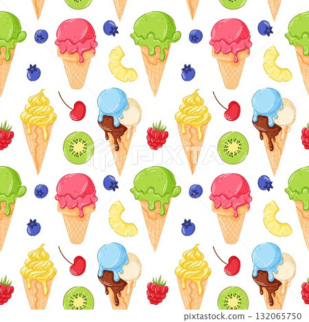 Seamless pattern with colorful ice cream cone with kiwi, raspberry, cherry, blueberry and pineapple in flat style. 132065750