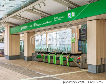 JR East Takanawa Gateway Station name sign and south ticket gate 132065752