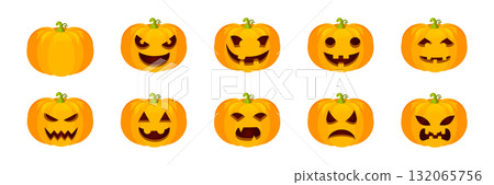 Halloween pumpkin faces collection. Set of carved pumpkins with different spooky, funny and scary expressions for autumn holiday decoration and party design. Cartoon vector illustration Halloween pumpkin faces collection. Set of carved pumpkins with different spooky, funny and scary expressions for autumn holiday decoration and party design. Cartoon vector illustration 132065756