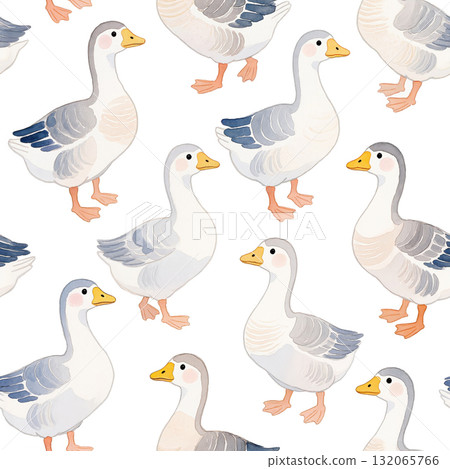 Watercolor seamless pattern with white domestic geese on white background. Hand-painted cute farm bird illustration for fabric, wrapping, or decor. Watercolor seamless pattern with white domestic geese on white background. Hand-painted cute farm bird illustration for fabric, wrapping, or decor. 132065766