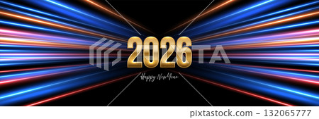 2026 New Year background. Golden numbers with glowing multicolor light streaks radiating from center on black, dynamic festive style for celebration, countdown, party. Holiday vector design 2026 New Year background. Golden numbers with glowing multicolor light streaks radiating from center on black, dynamic festive style for celebration, countdown, party. Holiday vector design 132065777