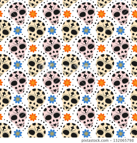 Multicolored Sugar Skulls with Flowers and Dots Seamless Pattern Mexican Celebrations Backdrop idea Multicolored Sugar Skulls with Flowers and Dots Seamless Pattern Mexican Celebrations Backdrop idea 132065798