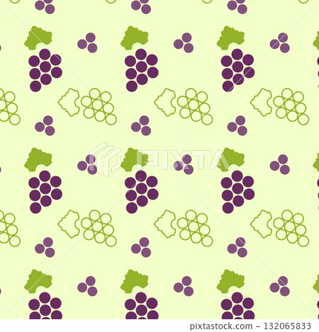This pattern showcases a playful arrangement of line icons depicting grapes, creating a lively visual effect. The design features various clusters and individual grapes on a soft green background. This pattern showcases a playful arrangement of line icons depicting grapes, creating a lively visual effect. The design features various clusters and individual grapes on a soft green background. 132065833