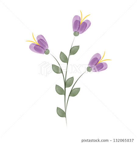 A simple watercolor vector illustration shows a single stem with three purple flowers and green leaves. This artistic representation adds a natural touch to eco-friendly design. 132065837