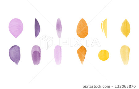 Watercolor shapes are displayed in varying colors, including shades of purple, orange, and yellow. These shapes resemble petals and abstract forms on a white background. Watercolor shapes are displayed in varying colors, including shades of purple, orange, and yellow. These shapes resemble petals and abstract forms on a white background. 132065870