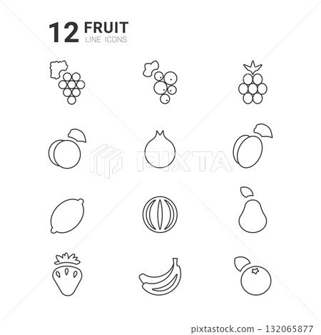 This creative graphic features twelve line icons representing different fruits in a minimalist style. Each icon is carefully designed to showcase the unique shapes of popular fruits. This creative graphic features twelve line icons representing different fruits in a minimalist style. Each icon is carefully designed to showcase the unique shapes of popular fruits. 132065877