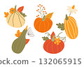 Colorful autumn pumpkins and forest leaves and flowers set. Vector illustration Isolated on white background. Seasonal harvest design for greeting or poster. 132065915