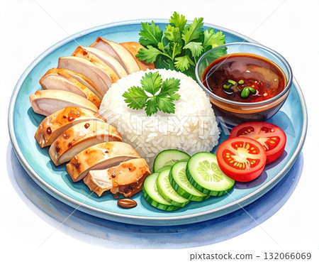 淺藍色盤子上的 Khao Man Gai 水彩插圖 132066069