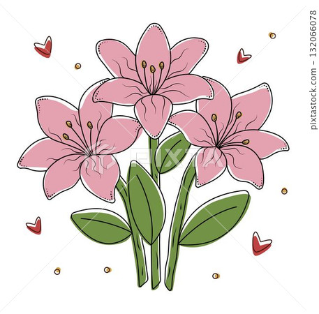 Three pink lilies with black contour, vector lily bouquet with hearts and dots, flowers in minimal boho style Three pink lilies with black contour, vector lily bouquet with hearts and dots, flowers in minimal boho style 132066078
