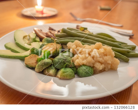 Vegetable platter with Brussels sprouts, fried mushrooms, fried leeks, steamed beans, celery puree and avocado slices Vegetable platter with Brussels sprouts, fried mushrooms, fried leeks, steamed beans, celery puree and avocado slices 132066128