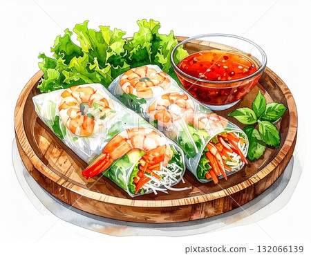木板上新鮮春捲的水彩插圖 木板上新鮮春捲的水彩插圖 132066139