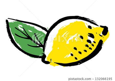Hand-drawn illustration of lemon and leaves with brush strokes 132066195