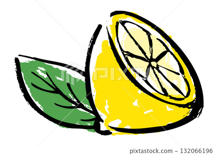 檸檬切成兩半並留下葉子的插圖 132066196