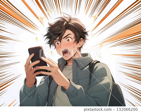 一名年輕男子看著他的智慧型手機，震驚得臉紅了 132066200