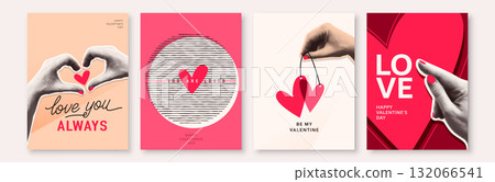 Valentines day greeting posters set vector background. Illustration with cut out paper hands, hearts, greeting invitation text. Retro love collage concept in simple modern style 132066541
