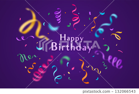Birthday vector background with colorful confetti and serpentine ribbons isolated on dark backdrop at the center. Greeting text sign. Festive illustration in flat modern simple style 132066543