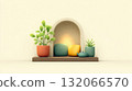 Cozy shelf display with colorful potted plants, small teapot, and glowing stones in niche 132066570