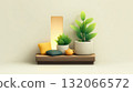 Aesthetic arrangement of potted plants and decor on wooden shelf with soft lighting 132066572