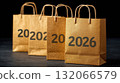 Four brown paper bags with 2026 printed on them are arranged in row, symbolizing future shopping or events 132066579
