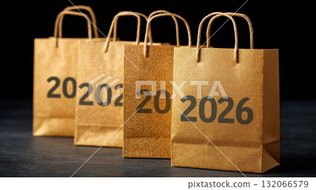 Four brown paper bags with 2026 printed on them are arranged in row, symbolizing future shopping or events 132066579