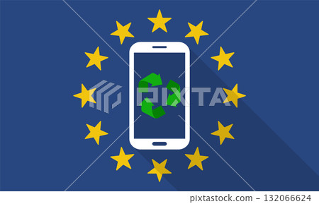 Mobile Phone Recycling with Long Shadow on the European Union Flag. Mobile Phone Recycling with Long Shadow on the European Union Flag. 132066624
