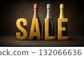 Champagne bottles with gold, silver, and bronze foil caps stand behind large gold letters spelling SALE on dark background 132066636