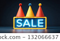 Bright neon sign with SALE text and colorful party hats on top, creating festive and inviting atmosphere 132066637