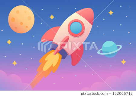 Cute Cartoon Rocketship Launching into Space, Vector Illustration 132066712