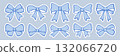 Blue bows sticker set. Hand drawn doodle ribbons, bows for gifts, present knots and wrap pack. Vector vintage illustration with white outline on a blue background. 132066720
