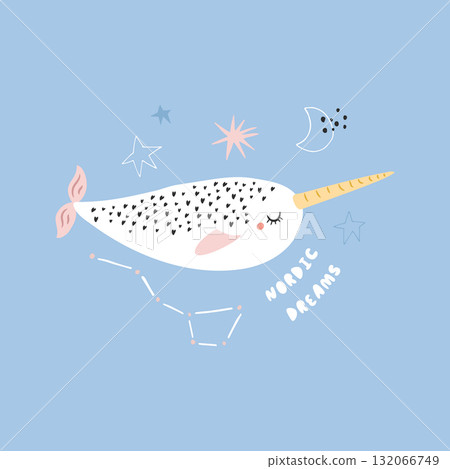 Cute Narwhal Illustration, Nordic Dreams Poster, Scandinavian Sea Animal Design on Blue Background Cute Narwhal Illustration, Nordic Dreams Poster, Scandinavian Sea Animal Design on Blue Background 132066749