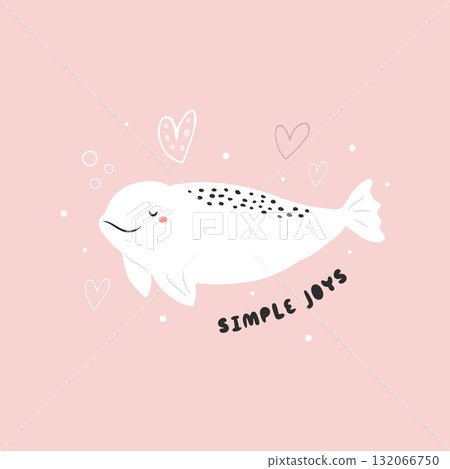 Adorable White Whale, Beluga and Heart Art Print for Nursery Decor. 132066750