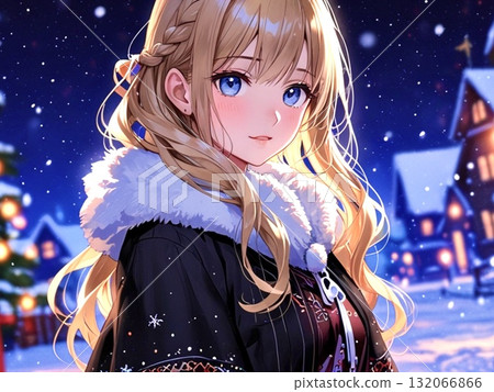 美麗的女孩插畫冬夜城市 美麗的女孩插畫冬夜城市 132066866