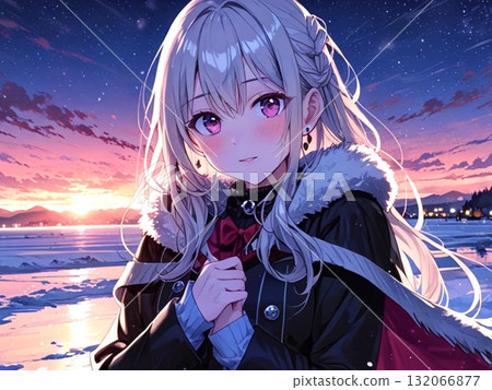 美麗的女孩插畫冬日夕陽 132066877