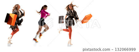 Fashionable women and athlete running with shopping bags symbolizing sale rush 132066999