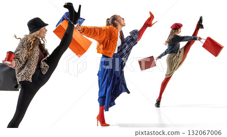 Collage art. Group of stylish women kicking high with shopping bags showing fashion joy Collage art. Group of stylish women kicking high with shopping bags showing fashion joy 132067006