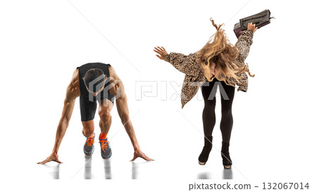 Minimalist collage. Athlete and woman in leopard jacket starting race representing retail competition 132067014