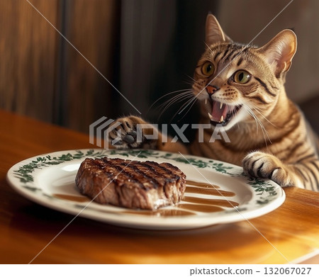 A curious cat eagerly eyeing a delicious steak on a fine dining plate at home during a cozy evening A curious cat eagerly eyeing a delicious steak on a fine dining plate at home during a cozy evening 132067027