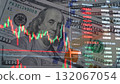 Stock market crash, financial crisis, or currency volatility. Red and green candlestick chart over a US dollar bill. Economic downturn, inflation, market volatility, and exchange rate fluctuations. 132067054