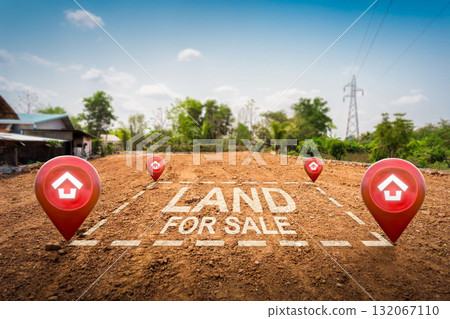Land plot management - real estate concept with a vacant empty dry soil land plot available for building construction and housing subdivision in a residential area for sale. 132067110