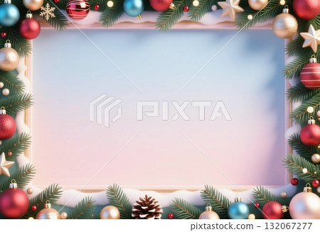 Pine branches surround a blank space adorned with colorful ornaments, creating a festive atmosphere perfect for holiday greetings during Christmas and New Year celebrations Generative AI 132067277