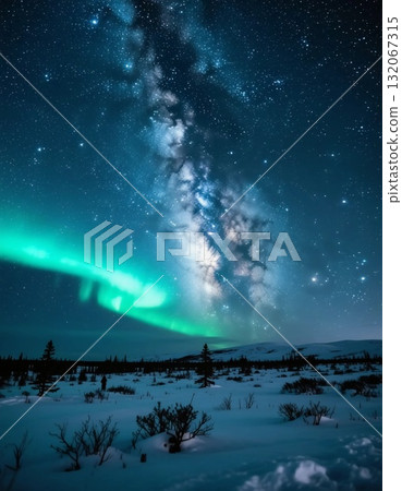 Witness the breathtaking northern lights illuminating the tundra, accompanied by a brilliant display of stars in the night sky. A perfect holiday moment in nature Generative AI Witness the breathtaking northern lights illuminating the tundra, accompanied by a brilliant display of stars in the night sky. A perfect holiday moment in nature Generative AI 132067315