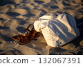 Summer Beach Essentials, Canvas Tote Bag and Brown Leather Sandals 132067391