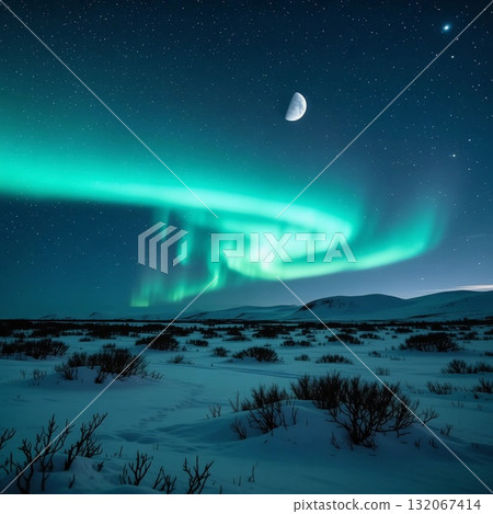 Dazzling northern lights illuminate the tundra under a starry night, creating a magical atmosphere during the Christmas and New Year holiday season Generative AI 132067414