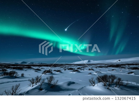 Vivid northern lights dance across the sky over a serene snowy tundra landscape. The scene captures a magical holiday ambiance enhanced by twinkling stars and a comets trail Generative AI Vivid northern lights dance across the sky over a serene snowy tundra landscape. The scene captures a magical holiday ambiance enhanced by twinkling stars and a comets trail Generative AI 132067415