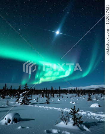Bright colors of the northern lights dance across the night sky over a snowy tundra landscape. The tranquil scene captures the magic of winter during the holiday season in the Arctic Generative AI Bright colors of the northern lights dance across the night sky over a snowy tundra landscape. The tranquil scene captures the magic of winter during the holiday season in the Arctic Generative AI 132067423
