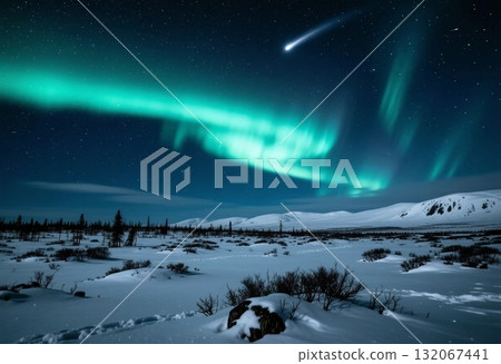 Colorful auroras dance across a clear night sky over the snowy tundra, creating a magical atmosphere during the Christmas holiday season near the Arctic Circle Generative AI Colorful auroras dance across a clear night sky over the snowy tundra, creating a magical atmosphere during the Christmas holiday season near the Arctic Circle Generative AI 132067441