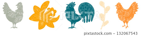 A set with textured animals and plants. Spring ornaments, Easter spirit, spring and holidays. Country style, folk art 132067543