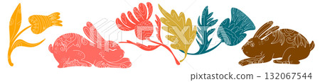 A set with textured animals and plants. Spring ornaments, Easter spirit, spring and holidays. Country style, folk art 132067544