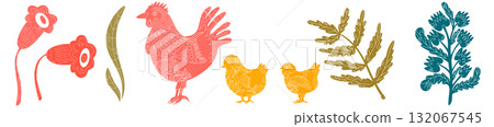 A set with textured animals and plants. Spring ornaments, Easter spirit, spring and holidays. Country style, folk art A set with textured animals and plants. Spring ornaments, Easter spirit, spring and holidays. Country style, folk art 132067545