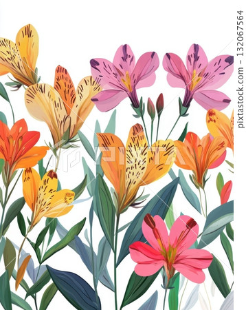 pattern with flowers of alstroemeria and leaves pattern with flowers of alstroemeria and leaves 132067564